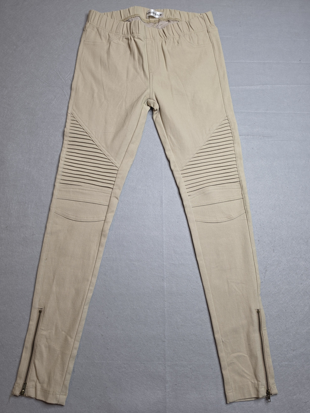 Tickled Teal Moto Jeggings - Khaki Tan Biker Pants with Ankle Zippers